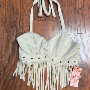 Stylish Cream Fringe Crop Top Sz XS